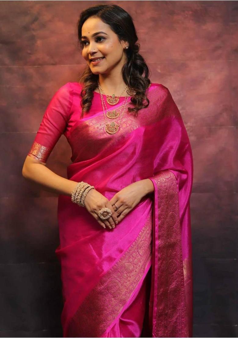 Pink Printed Jacquard Saree Set - Indya