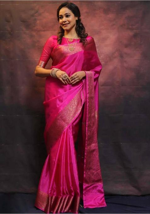 Pink Printed Jacquard Saree Set