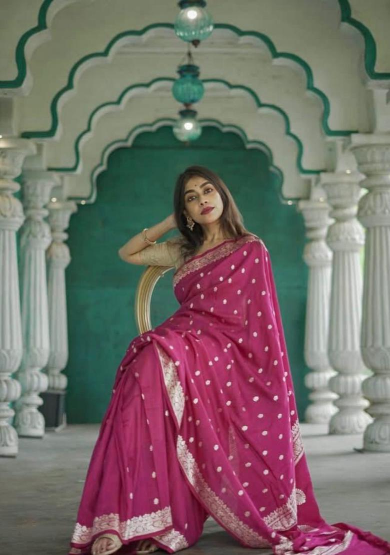 Maroon Printed Jacquard Saree Set - Indya