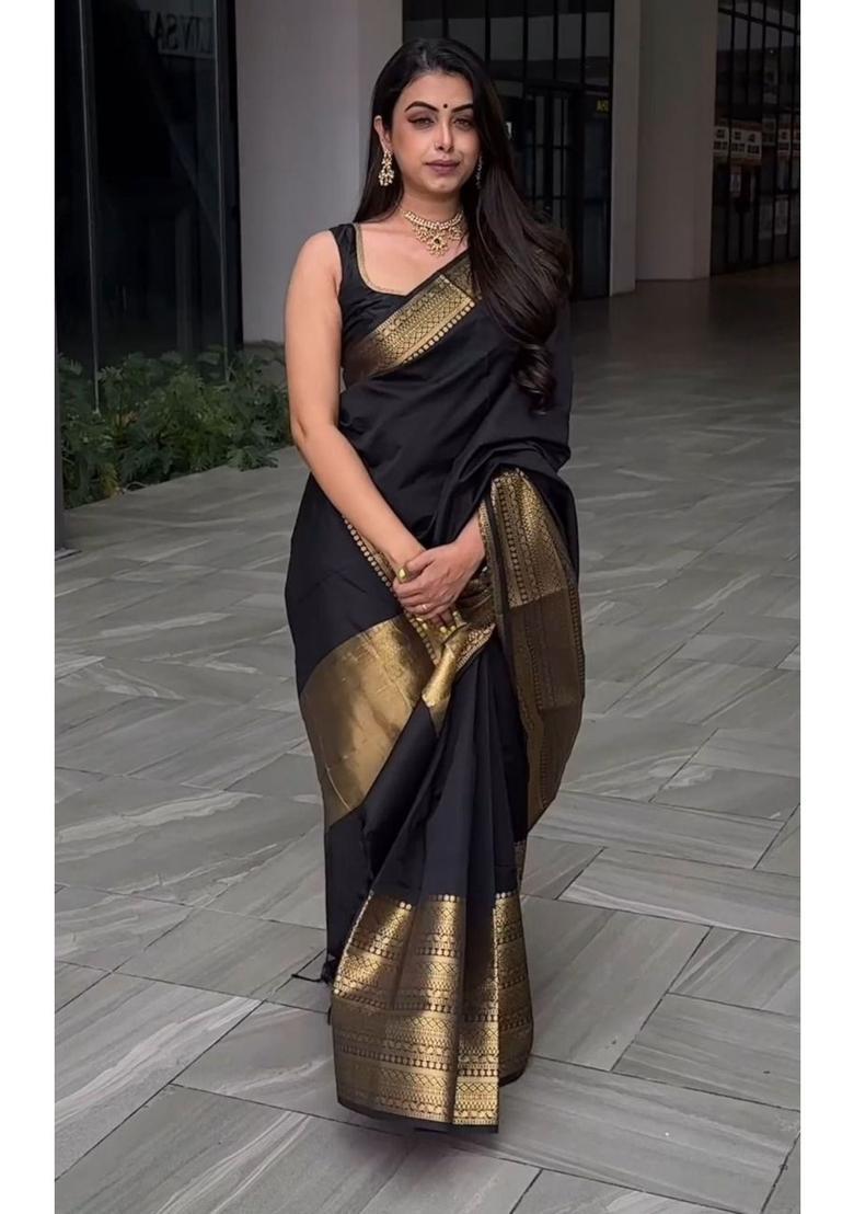 Black Printed Jacquard Saree Set - Indya