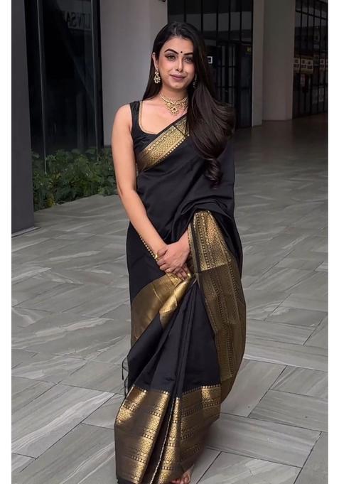Black Printed Jacquard Saree Set
