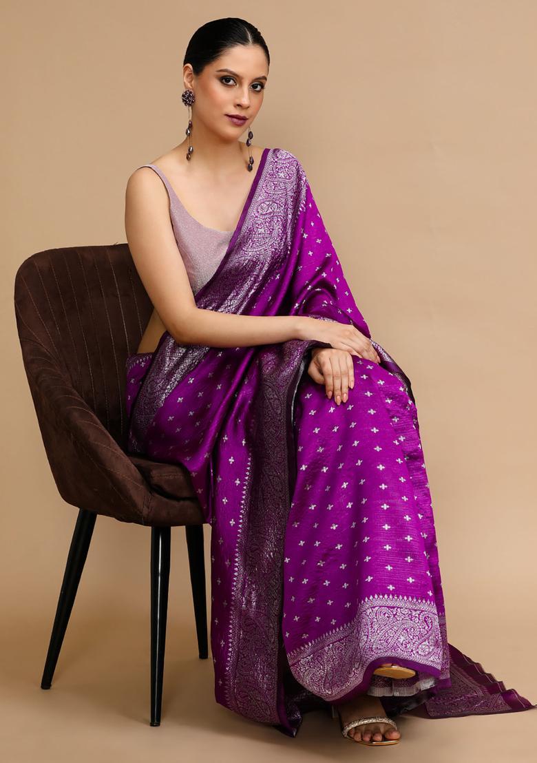 Purple Woven Jacquard Saree Set - Indya