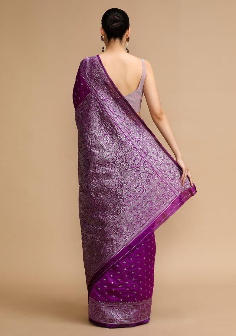 Purple Woven Jacquard Saree Set - Indya