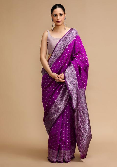 Purple Woven Jacquard Saree Set