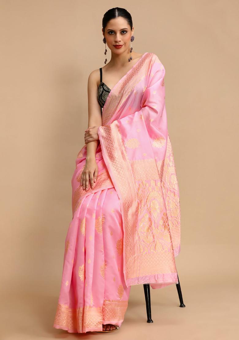 Pink Woven Jacquard Saree Set - Indya