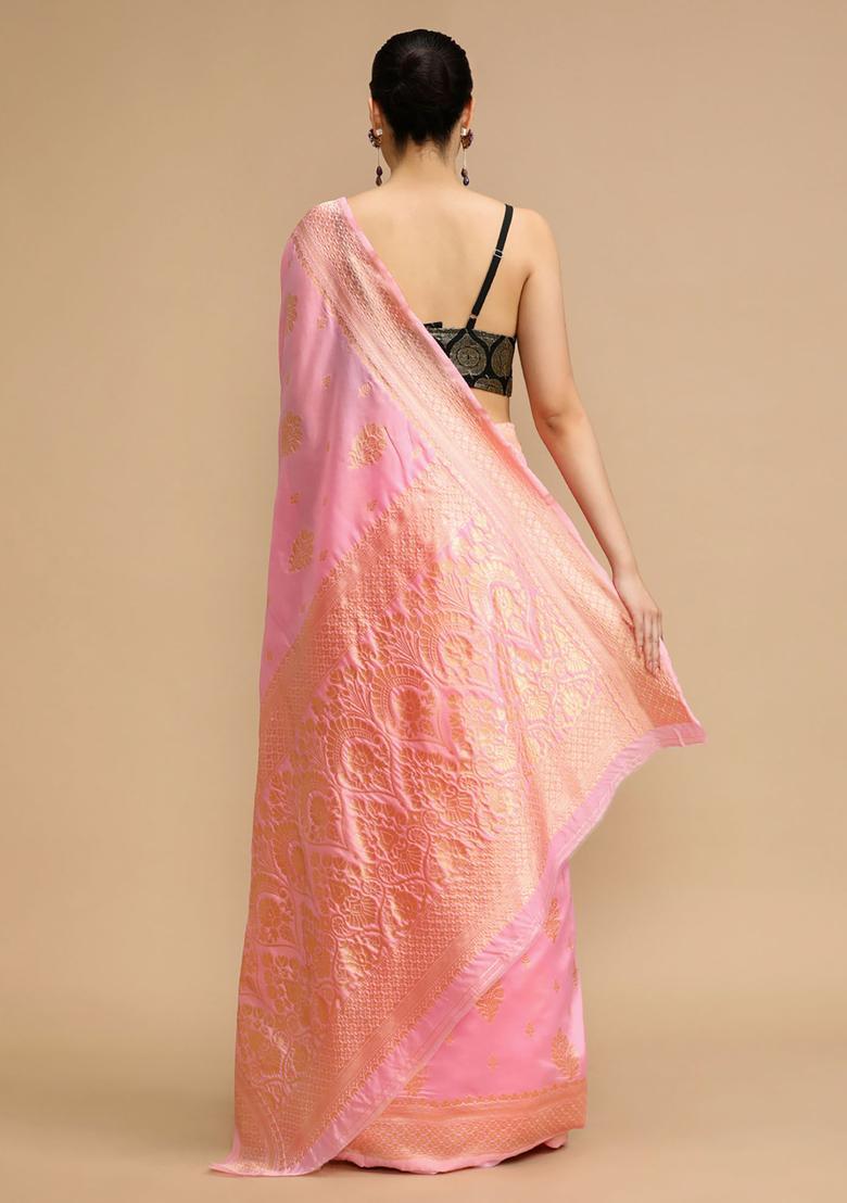 Pink Woven Jacquard Saree Set - Indya