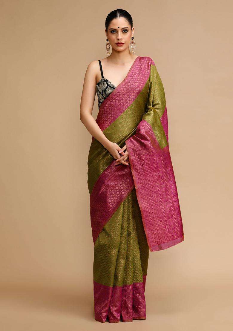 Olive Woven Jacquard Saree Set for Diwali and Festive Wear - Indya
