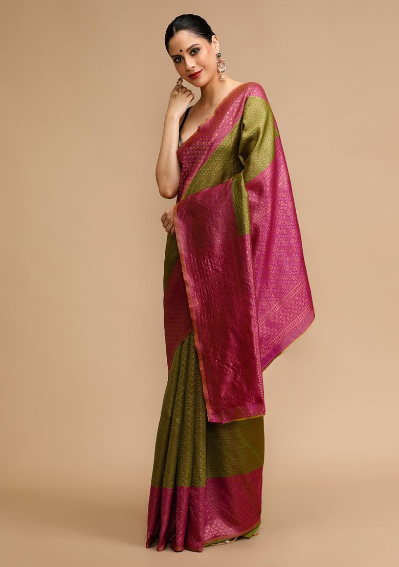 Olive Woven Jacquard Saree Set - Indya
