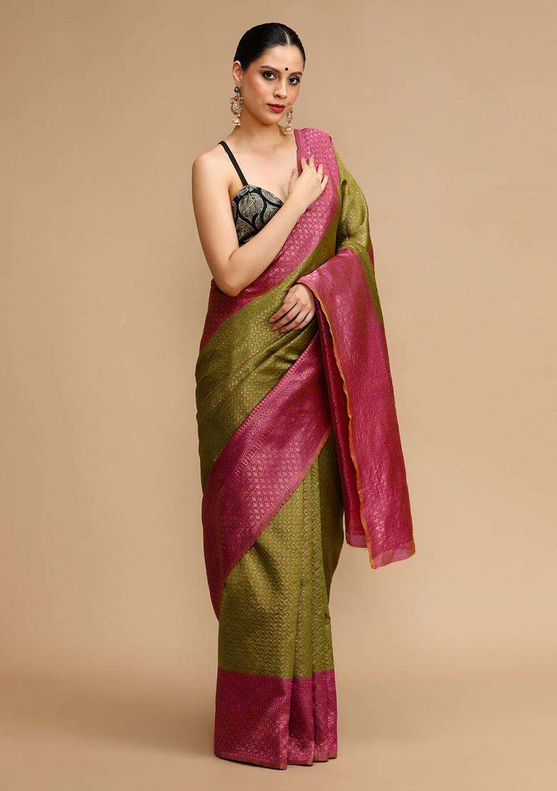 Olive Woven Jacquard Saree Set for Diwali and Festive Wear - Indya