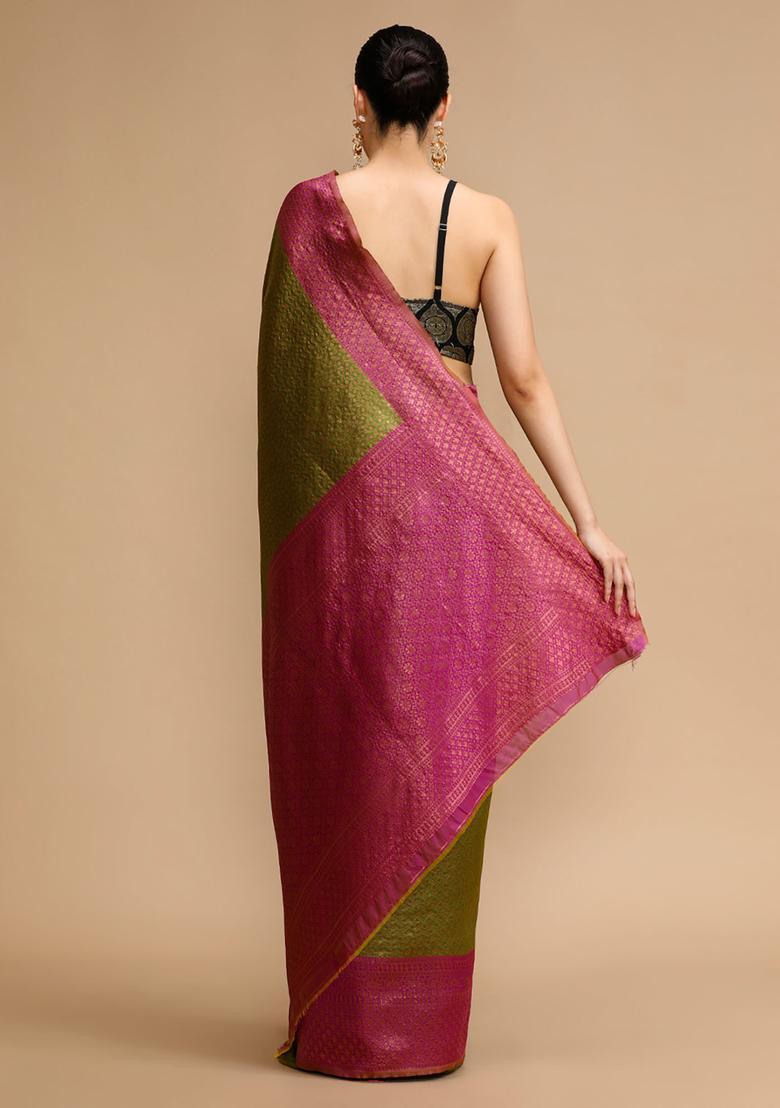 Olive Woven Jacquard Saree Set - Indya