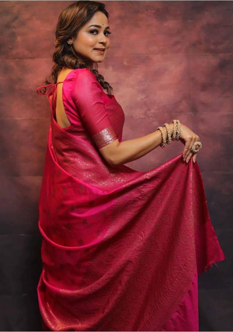 Pink Woven Jacquard Saree Set - Indya