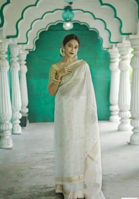 Cream Woven Jacquard Saree Set