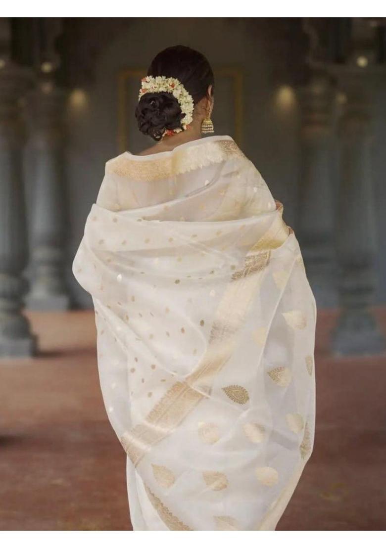Cream Woven Jacquard Saree Set - Indya