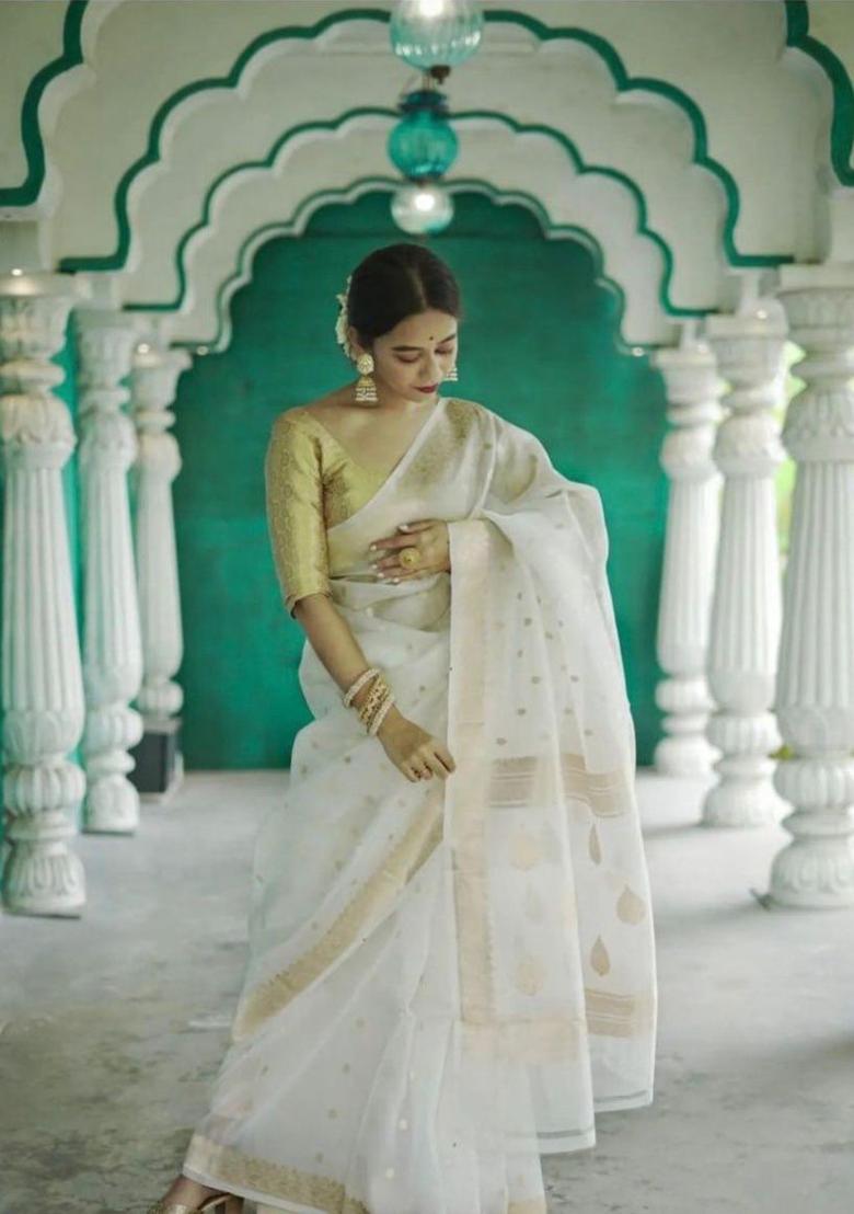 Cream Woven Jacquard Saree Set - Indya