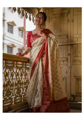 Cream Woven Silk Blend Saree Set