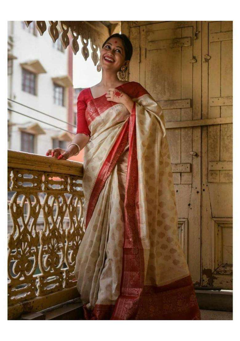 Cream Woven Silk Blend Saree Set for Diwali and Festive Wear - Indya