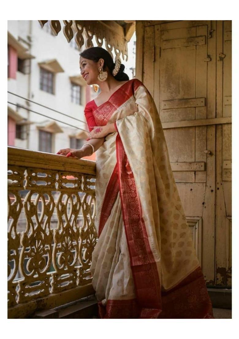 Cream Woven Silk Blend Saree Set - Indya