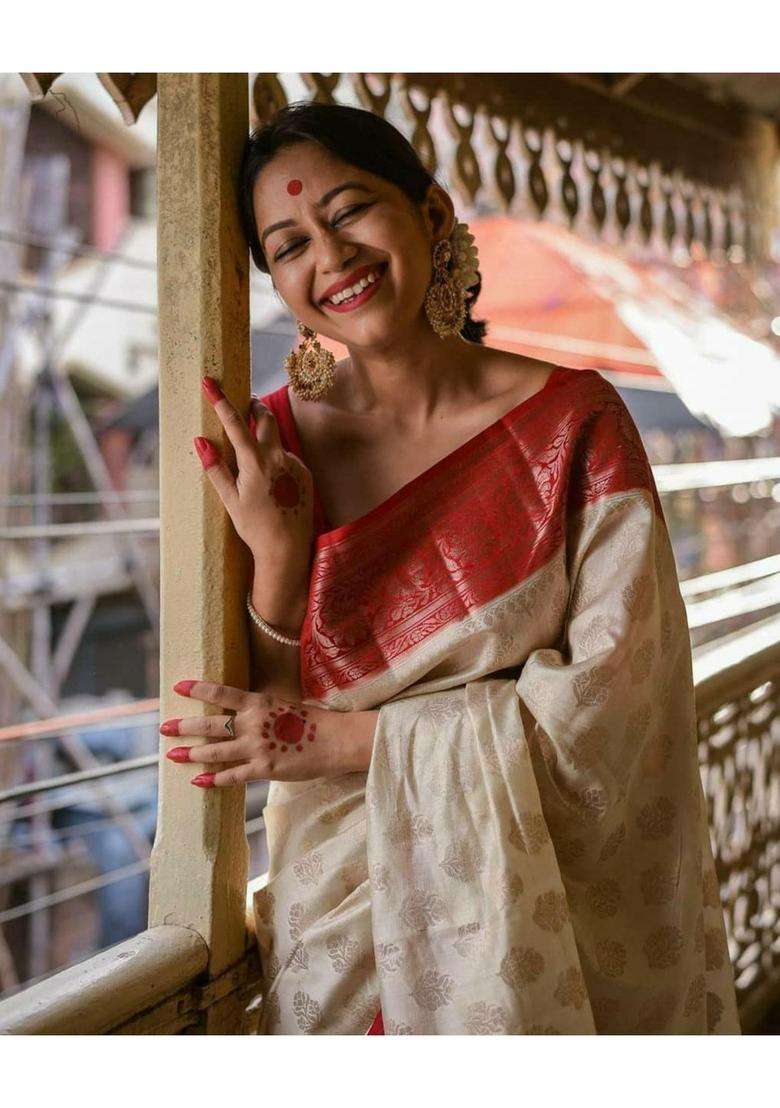 Cream Woven Silk Blend Saree Set for Diwali and Festive Wear - Indya