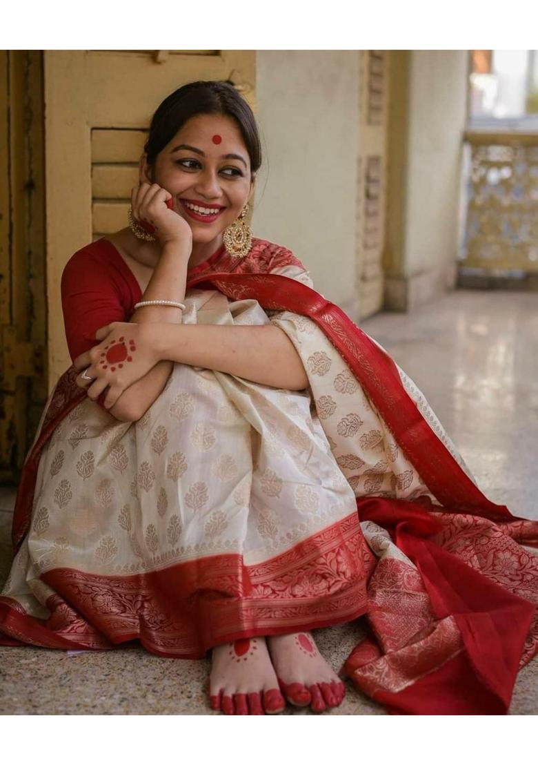 Cream Woven Silk Blend Saree Set - Indya