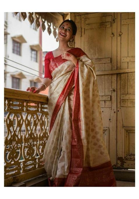 Cream Woven Silk Saree Set