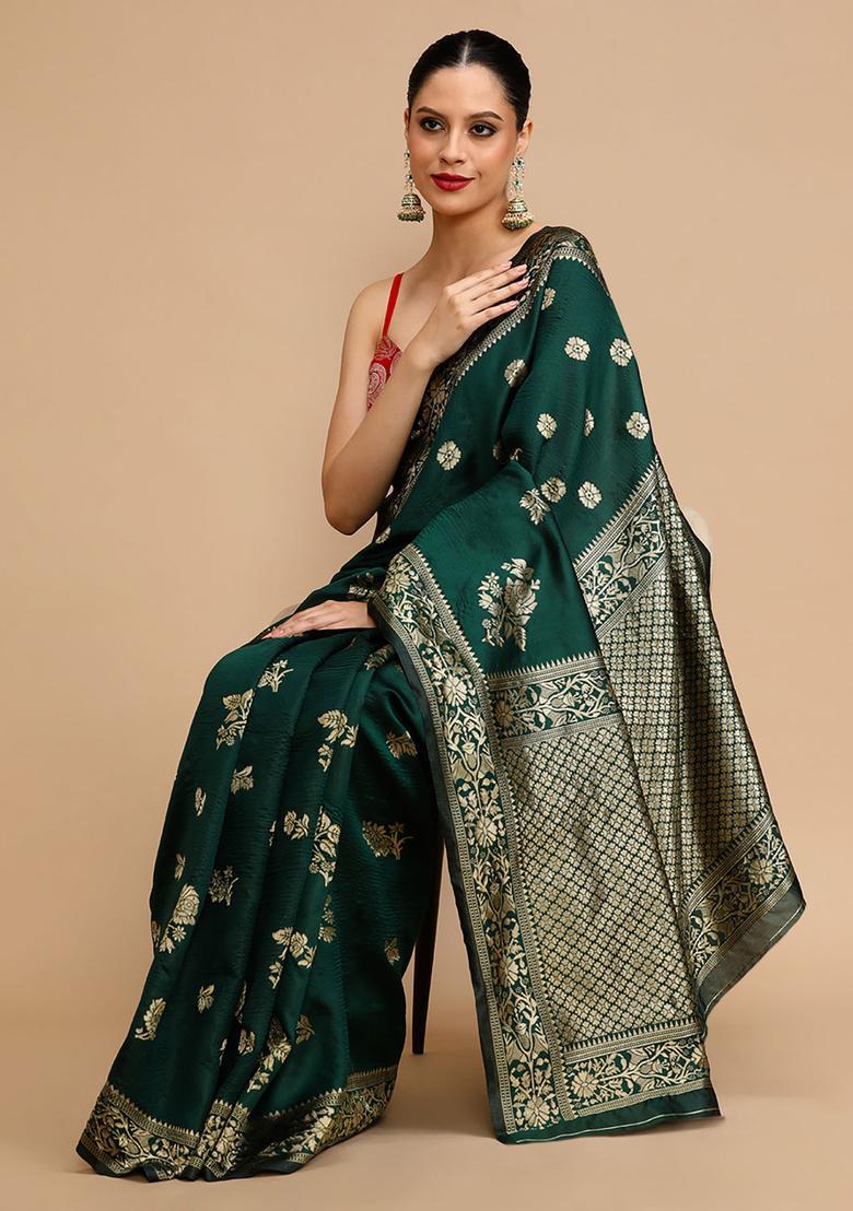 Green Woven Jacquard Saree Set - Indya