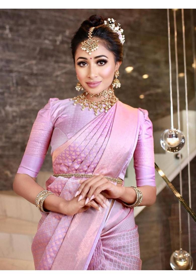 Pink Woven Silk Blend Saree Set - Indya