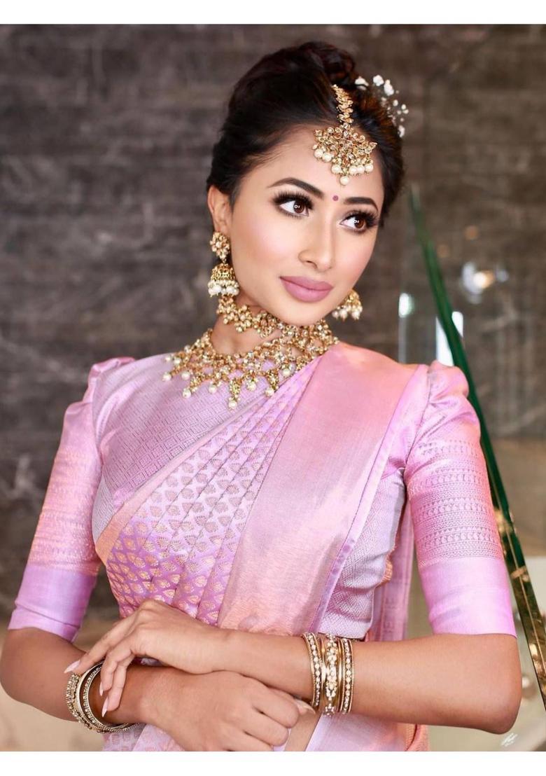 Pink Woven Silk Blend Saree Set - Indya