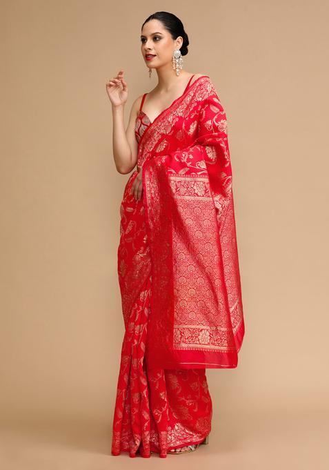Red Woven Jacquard Saree Set