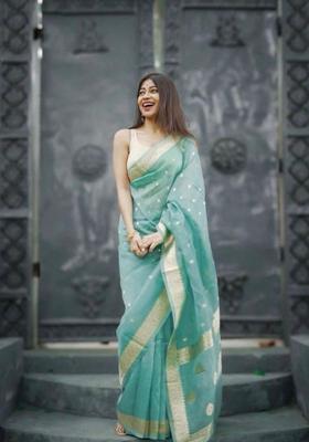 Aqua Woven Jacquard Saree Set