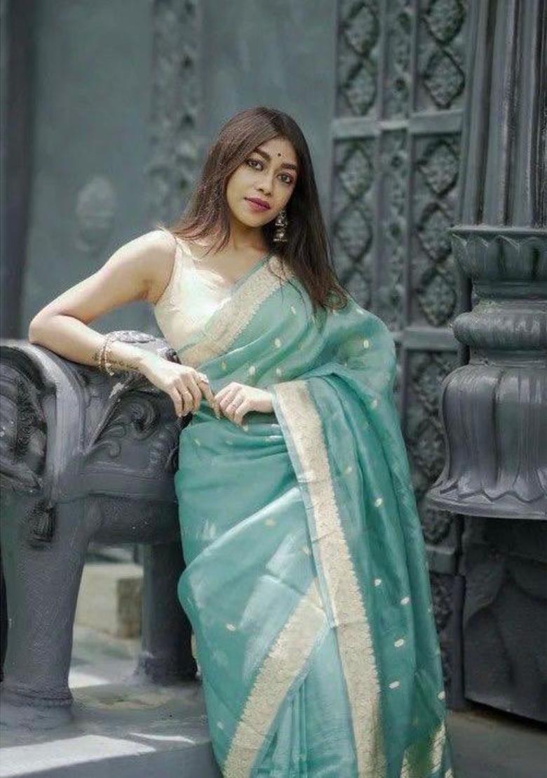 Aqua Woven Jacquard Saree Set - Indya