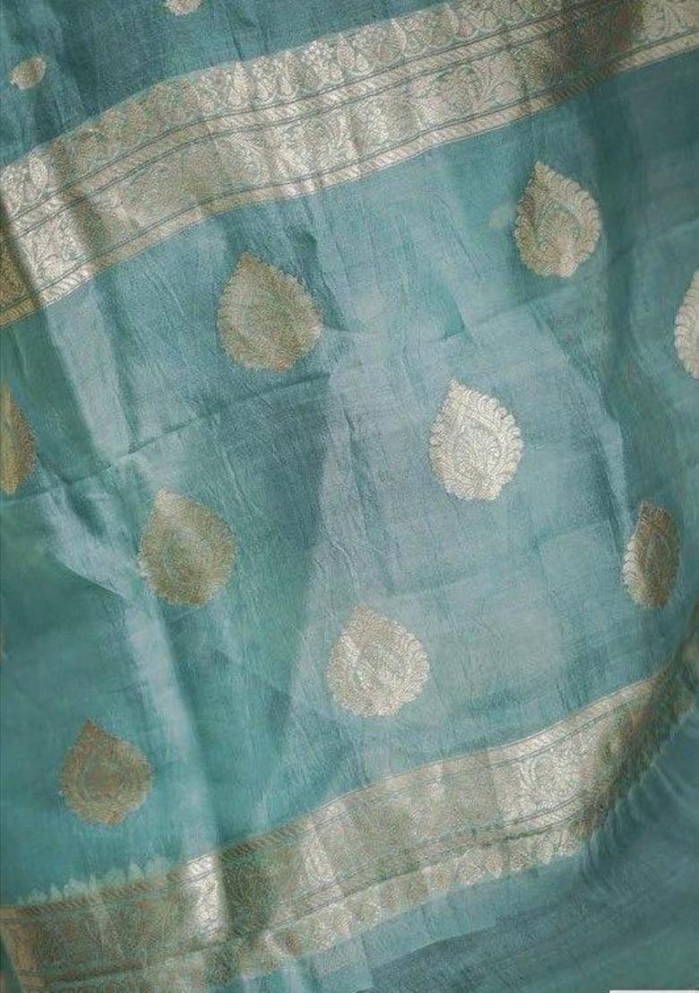 Aqua Woven Jacquard Saree Set - Indya