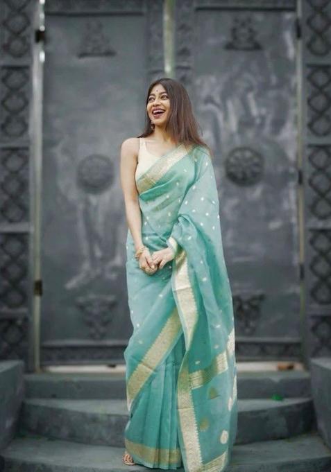 Aqua Woven Jacquard Saree Set