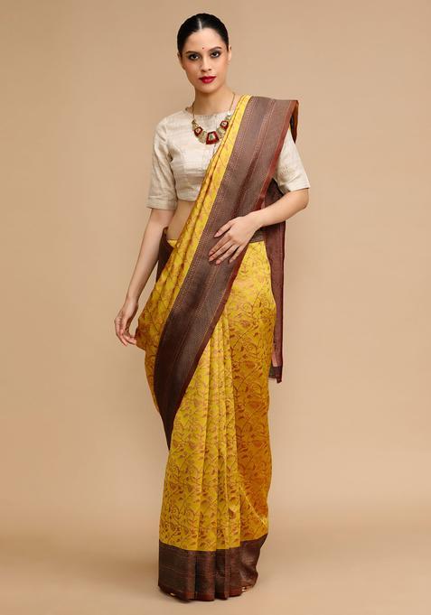 Yellow Woven Jacquard Saree Set