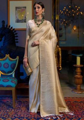 Cream Woven Silk Blend Saree Set