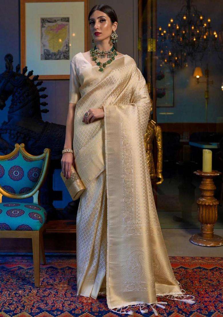 Cream Woven Silk Blend Saree Set for Diwali | Wedding & Festive Wear - Indya