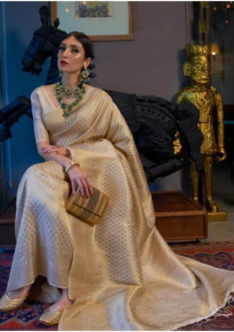 Cream Woven Silk Blend Saree Set - Indya