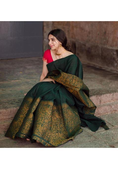 Green Woven Silk Blend Saree Set