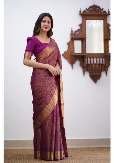 Purple Woven Silk Blend Saree Set