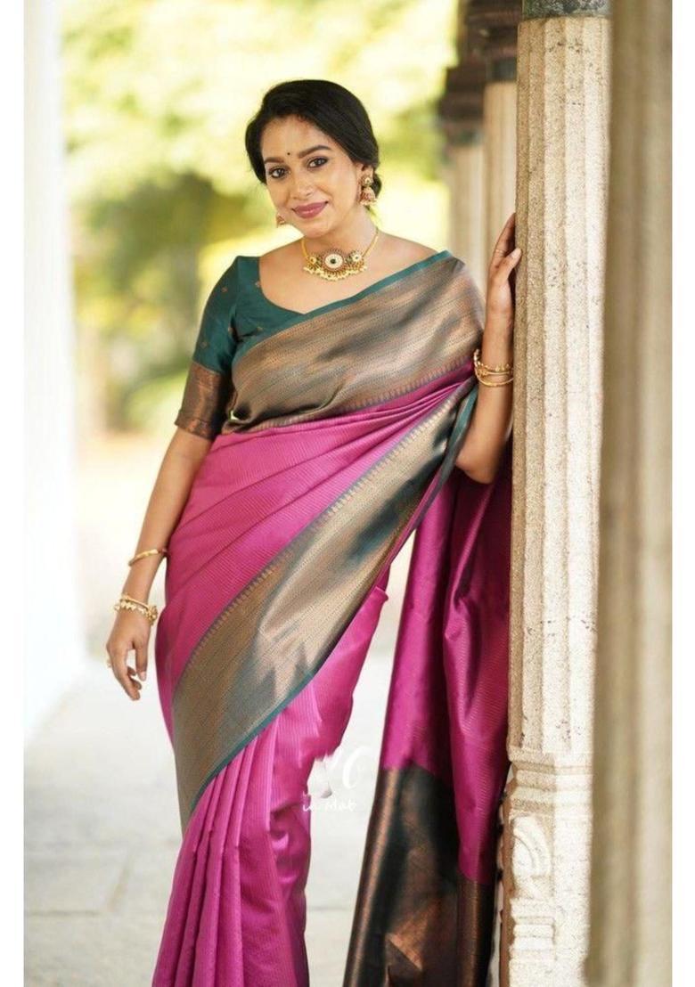 Pink Woven Silk Blend Saree Set - Indya