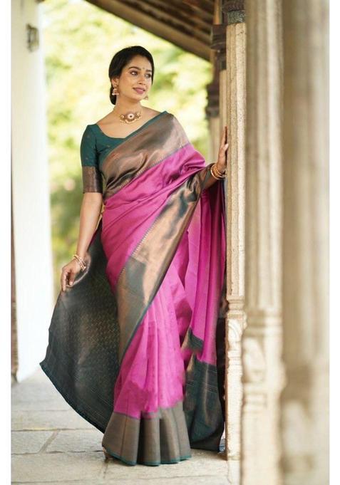 Pink Woven Silk Blend Saree Set