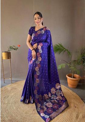 Blue Sequin Work Jacquard Saree Set