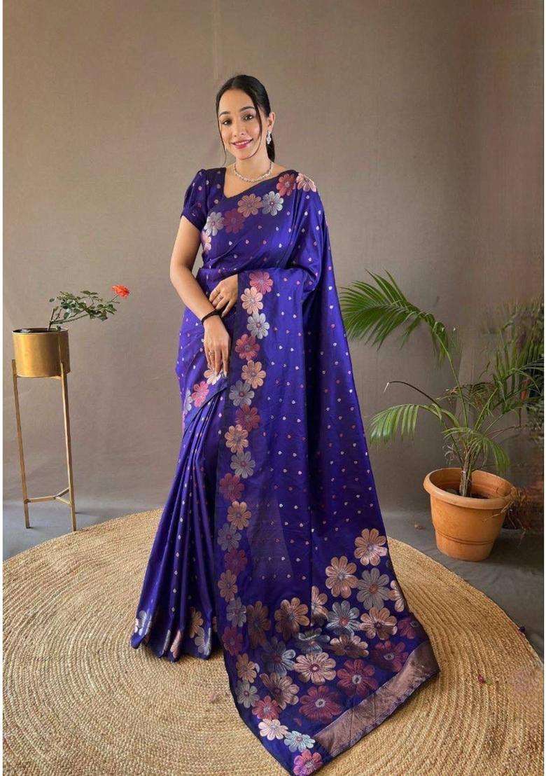 Blue Sequin Work Jacquard Saree Set for Diwali and Festive Wear - Indya
