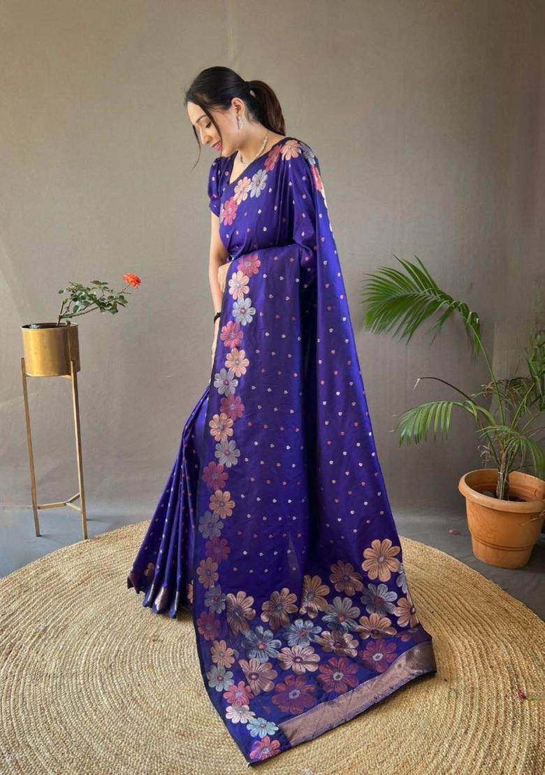 Blue Sequin Work Jacquard Saree Set - Indya