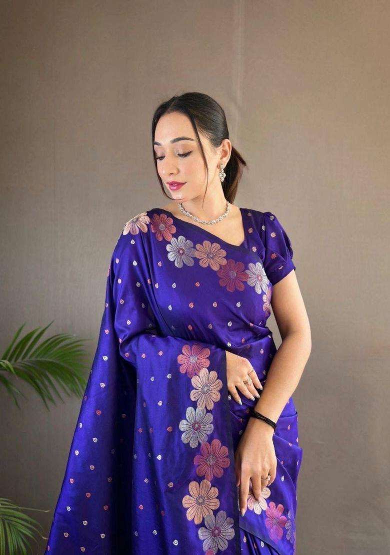 Blue Sequin Work Jacquard Saree Set for Diwali and Festive Wear - Indya