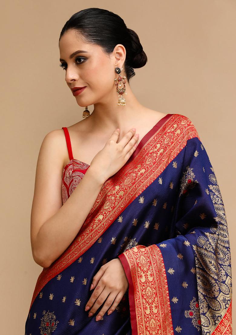 Navy Blue Woven Jacquard Saree Set - Indya