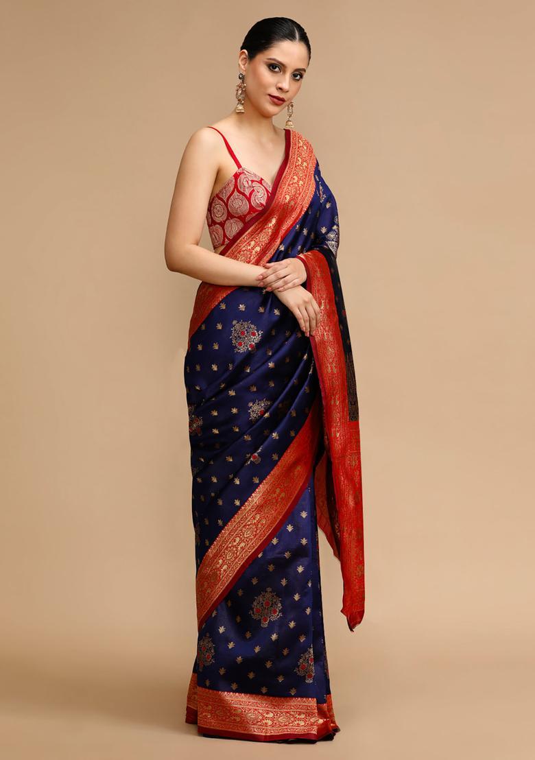 Navy Blue Woven Jacquard Saree Set - Indya