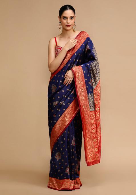 Navy Blue Woven Jacquard Saree Set