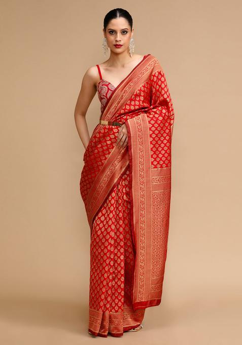 Red Woven Jacquard Saree Set
