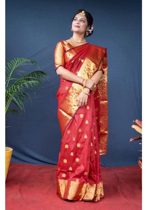 Red Woven Jacquard Saree Set