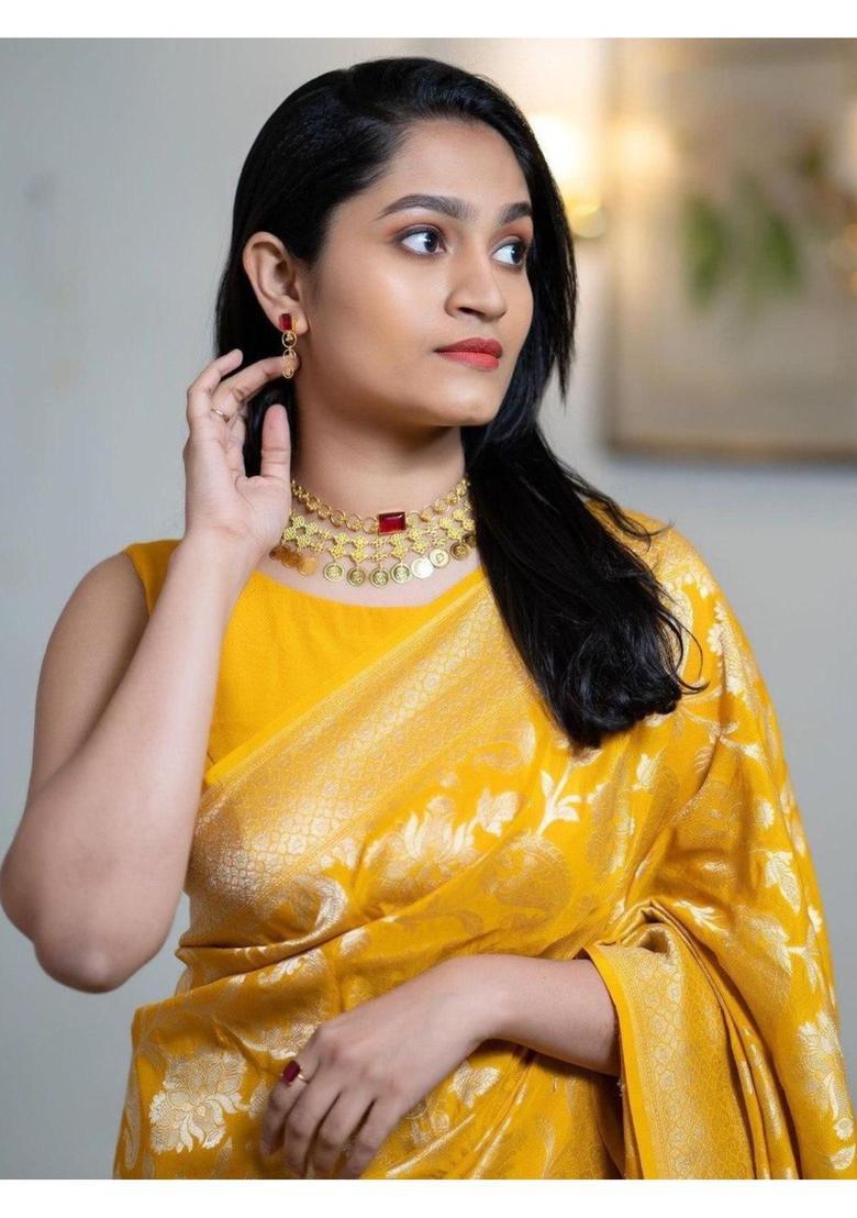 Yellow Printed Jacquard Saree Set - Indya